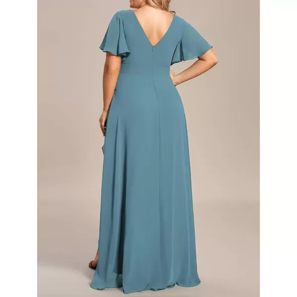 imageEverPretty Womens Summer V Neck High Low Chiffon Plus Size Curvy Semi Formal Wedding Guest Dresses with Sleeves 1749DAPHDusty Blue