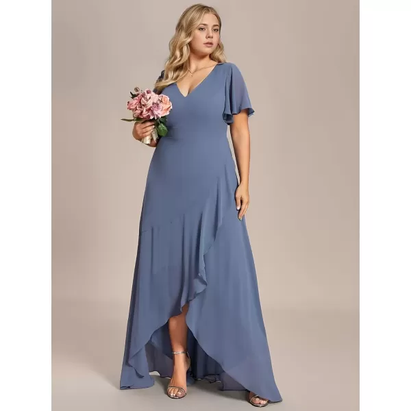 imageEverPretty Womens Summer V Neck High Low Chiffon Plus Size Curvy Semi Formal Wedding Guest Dresses with Sleeves 1749DAPHDusty Navy