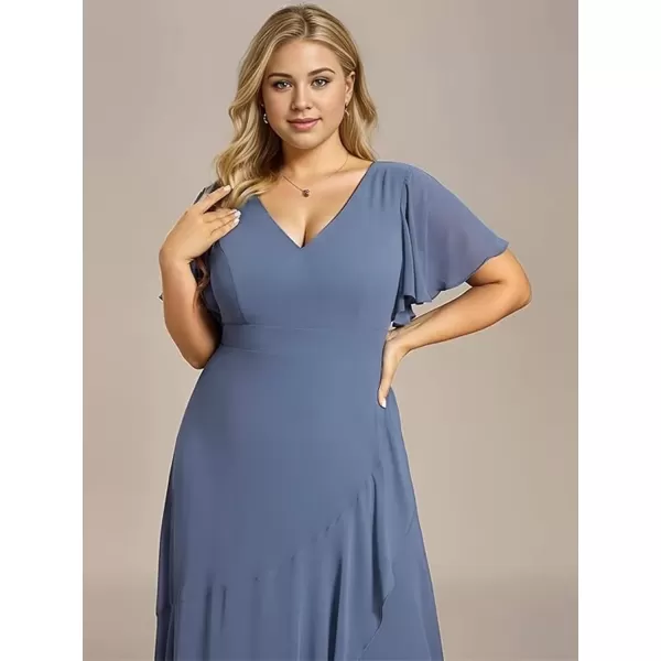 imageEverPretty Womens Summer V Neck High Low Chiffon Plus Size Curvy Semi Formal Wedding Guest Dresses with Sleeves 1749DAPHDusty Navy