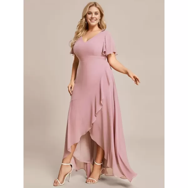 imageEverPretty Womens Summer V Neck High Low Chiffon Plus Size Curvy Semi Formal Wedding Guest Dresses with Sleeves 1749DAPHDusty Rose