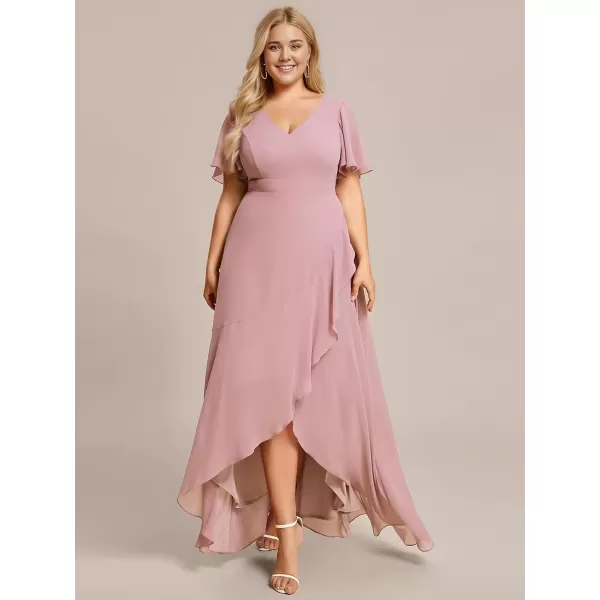 imageEverPretty Womens Summer V Neck High Low Chiffon Plus Size Curvy Semi Formal Wedding Guest Dresses with Sleeves 1749DAPHDusty Rose