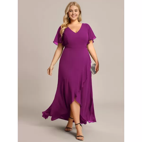 imageEverPretty Womens Summer V Neck High Low Chiffon Plus Size Curvy Semi Formal Wedding Guest Dresses with Sleeves 1749DAPHFuchsia