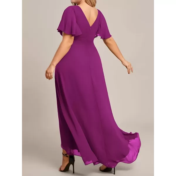 imageEverPretty Womens Summer V Neck High Low Chiffon Plus Size Curvy Semi Formal Wedding Guest Dresses with Sleeves 1749DAPHFuchsia