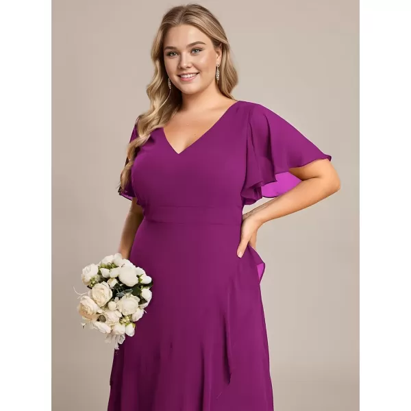 imageEverPretty Womens Summer V Neck High Low Chiffon Plus Size Curvy Semi Formal Wedding Guest Dresses with Sleeves 1749DAPHFuchsia