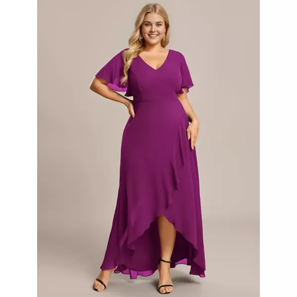 imageEverPretty Womens Summer V Neck High Low Chiffon Plus Size Curvy Semi Formal Wedding Guest Dresses with Sleeves 1749DAPHFuchsia