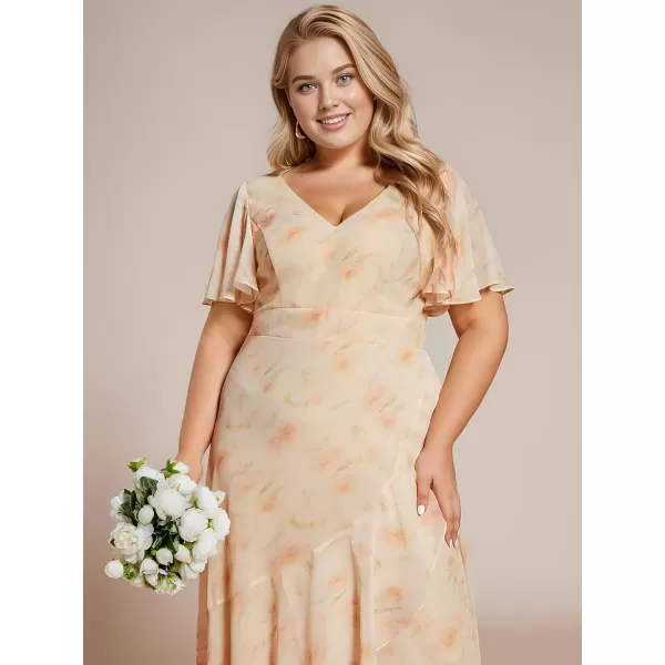 imageEverPretty Womens Summer V Neck High Low Chiffon Plus Size Curvy Semi Formal Wedding Guest Dresses with Sleeves 1749DAPHGolden Roses