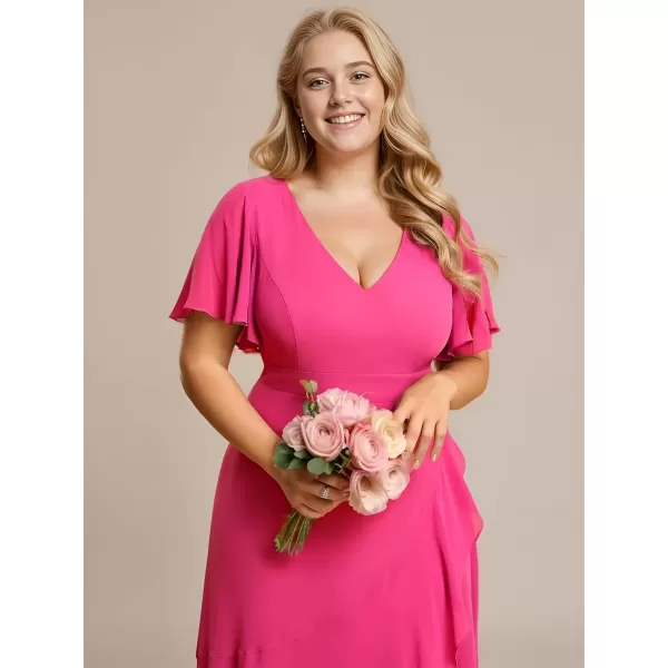 imageEverPretty Womens Summer V Neck High Low Chiffon Plus Size Curvy Semi Formal Wedding Guest Dresses with Sleeves 1749DAPHHot Pink