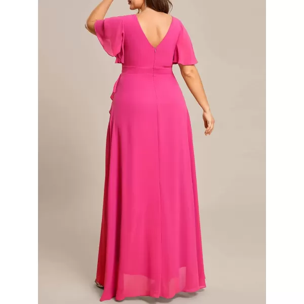 imageEverPretty Womens Summer V Neck High Low Chiffon Plus Size Curvy Semi Formal Wedding Guest Dresses with Sleeves 1749DAPHHot Pink