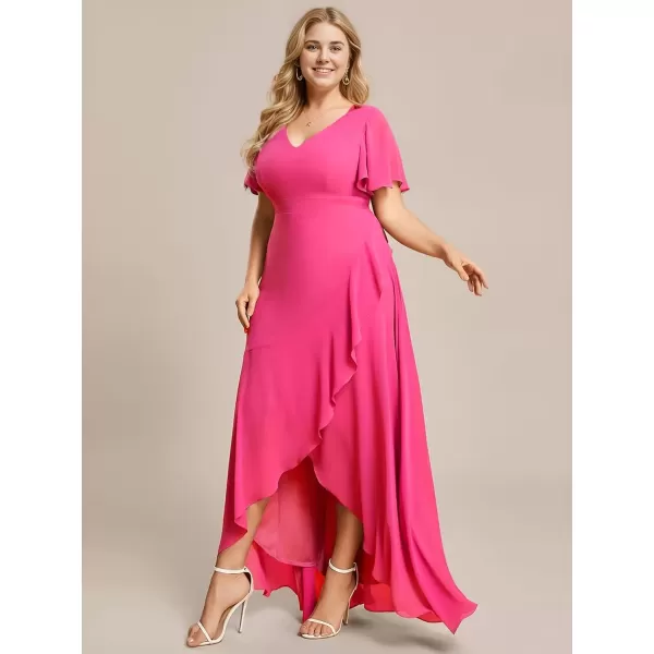 imageEverPretty Womens Summer V Neck High Low Chiffon Plus Size Curvy Semi Formal Wedding Guest Dresses with Sleeves 1749DAPHHot Pink