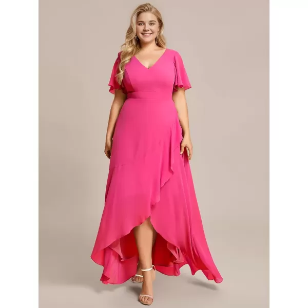 imageEverPretty Womens Summer V Neck High Low Chiffon Plus Size Curvy Semi Formal Wedding Guest Dresses with Sleeves 1749DAPHHot Pink