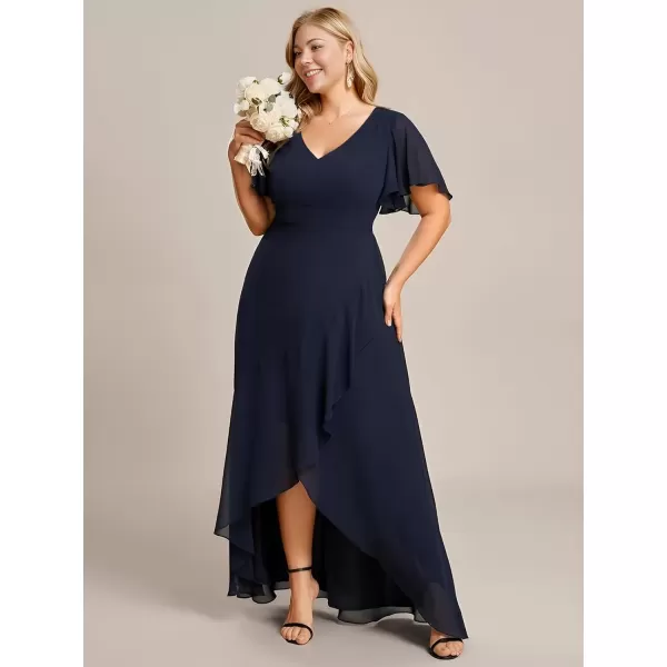 imageEverPretty Womens Summer V Neck High Low Chiffon Plus Size Curvy Semi Formal Wedding Guest Dresses with Sleeves 1749DAPHNavy