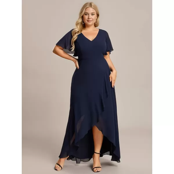 imageEverPretty Womens Summer V Neck High Low Chiffon Plus Size Curvy Semi Formal Wedding Guest Dresses with Sleeves 1749DAPHNavy