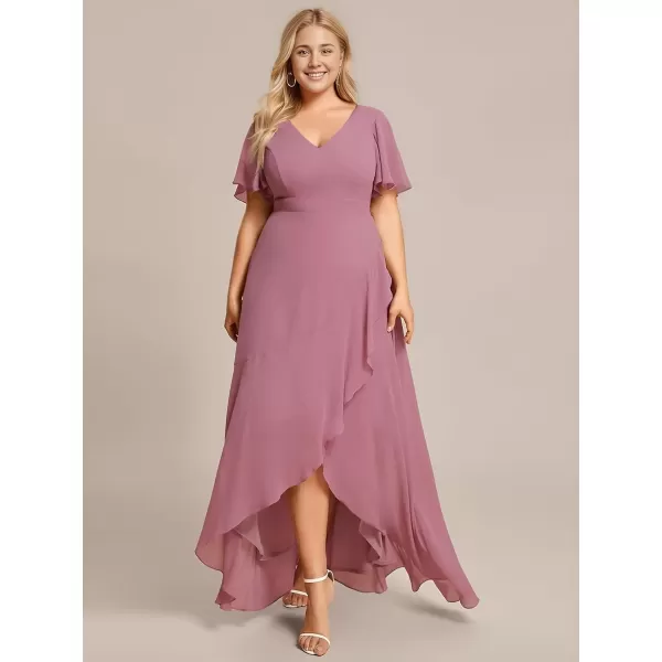 imageEverPretty Womens Summer V Neck High Low Chiffon Plus Size Curvy Semi Formal Wedding Guest Dresses with Sleeves 1749DAPHOrchid