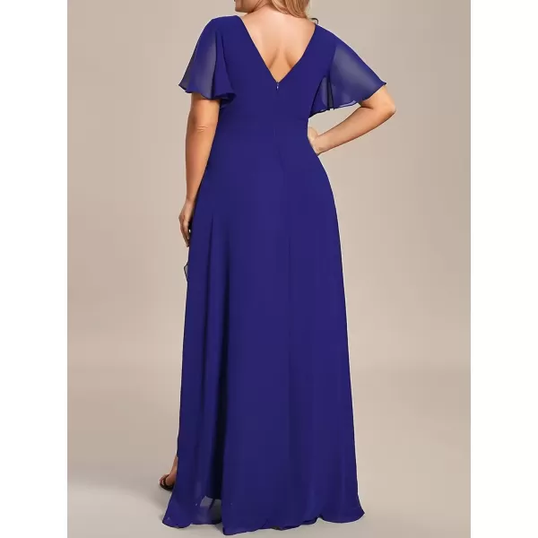 imageEverPretty Womens Summer V Neck High Low Chiffon Plus Size Curvy Semi Formal Wedding Guest Dresses with Sleeves 1749DAPHSapphire Blue