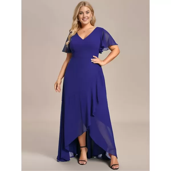 imageEverPretty Womens Summer V Neck High Low Chiffon Plus Size Curvy Semi Formal Wedding Guest Dresses with Sleeves 1749DAPHSapphire Blue