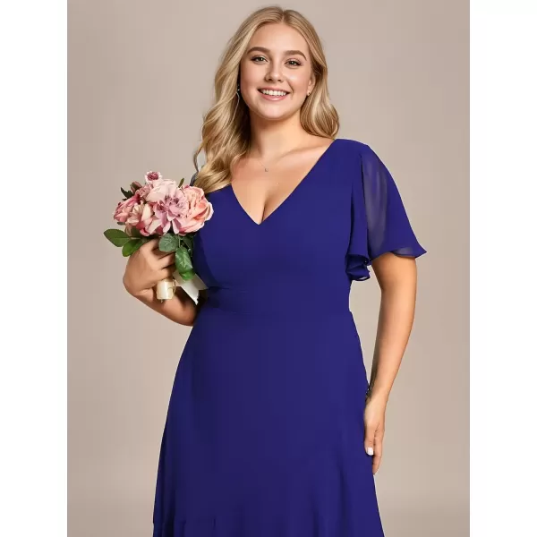 imageEverPretty Womens Summer V Neck High Low Chiffon Plus Size Curvy Semi Formal Wedding Guest Dresses with Sleeves 1749DAPHSapphire Blue