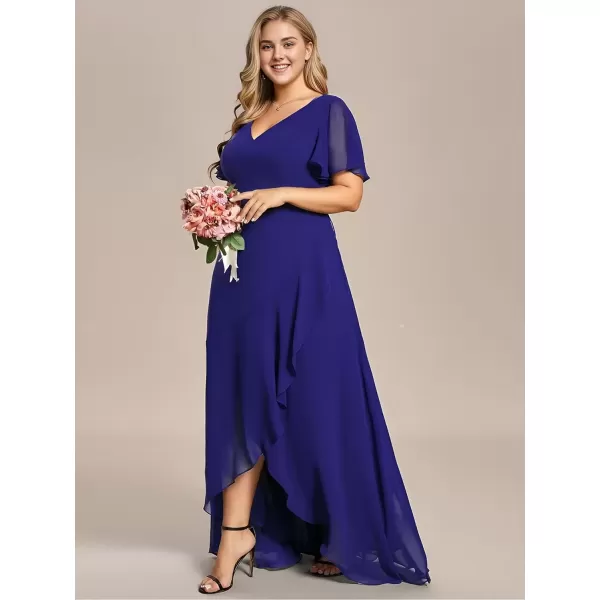 imageEverPretty Womens Summer V Neck High Low Chiffon Plus Size Curvy Semi Formal Wedding Guest Dresses with Sleeves 1749DAPHSapphire Blue