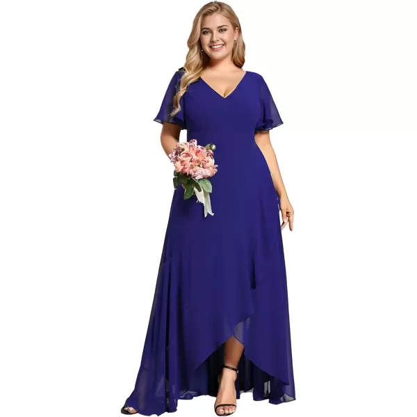 imageEverPretty Womens Summer V Neck High Low Chiffon Plus Size Curvy Semi Formal Wedding Guest Dresses with Sleeves 1749DAPHSapphire Blue