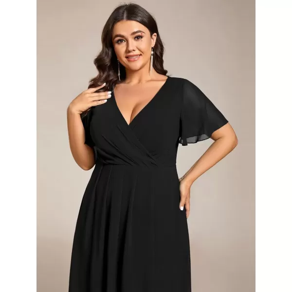 imageEverPretty Womens V Neck Pleated Plus Size Ruffle Sleeves Chiffon High Low Formal Wedding Guest Dresses 02084DAPHBlack