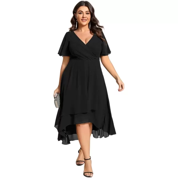 imageEverPretty Womens V Neck Pleated Plus Size Ruffle Sleeves Chiffon High Low Formal Wedding Guest Dresses 02084DAPHBlack