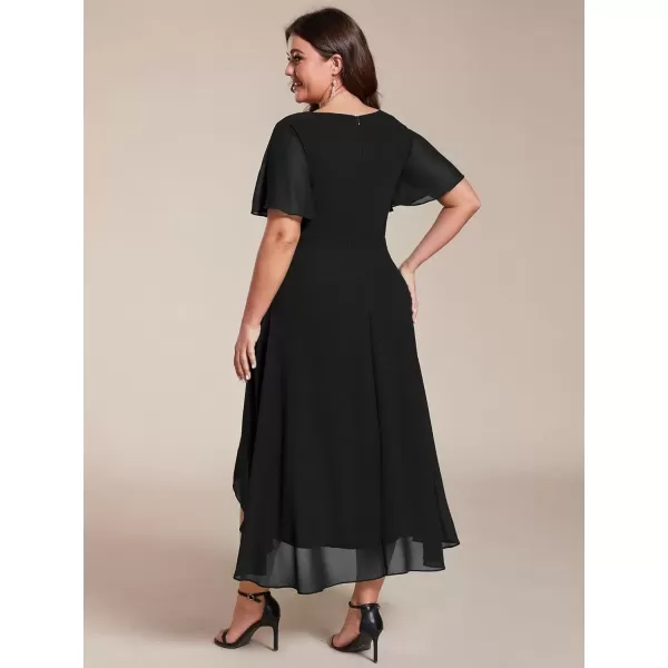 imageEverPretty Womens V Neck Pleated Plus Size Ruffle Sleeves Chiffon High Low Formal Wedding Guest Dresses 02084DAPHBlack