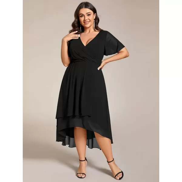 imageEverPretty Womens V Neck Pleated Plus Size Ruffle Sleeves Chiffon High Low Formal Wedding Guest Dresses 02084DAPHBlack