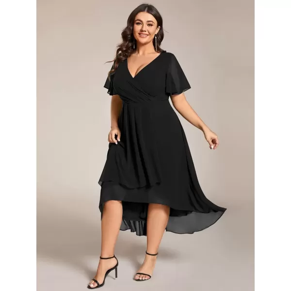 imageEverPretty Womens V Neck Pleated Plus Size Ruffle Sleeves Chiffon High Low Formal Wedding Guest Dresses 02084DAPHBlack