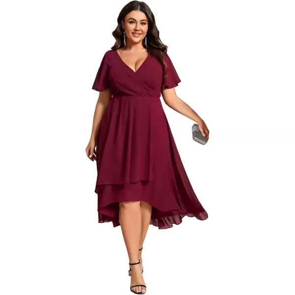 imageEverPretty Womens V Neck Pleated Plus Size Ruffle Sleeves Chiffon High Low Formal Wedding Guest Dresses 02084DAPHBurgundy