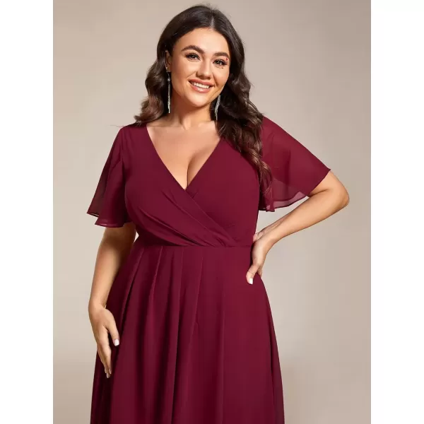 imageEverPretty Womens V Neck Pleated Plus Size Ruffle Sleeves Chiffon High Low Formal Wedding Guest Dresses 02084DAPHBurgundy