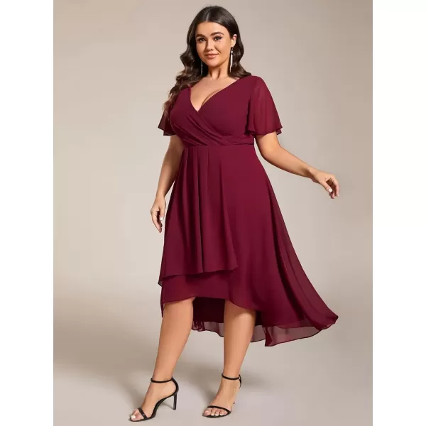 imageEverPretty Womens V Neck Pleated Plus Size Ruffle Sleeves Chiffon High Low Formal Wedding Guest Dresses 02084DAPHBurgundy