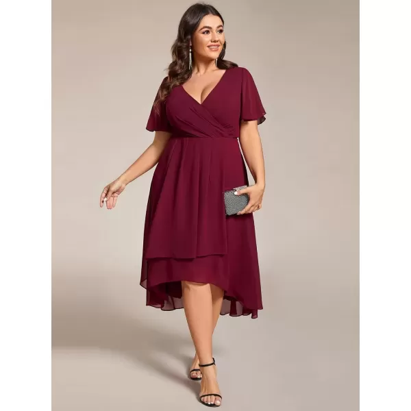 imageEverPretty Womens V Neck Pleated Plus Size Ruffle Sleeves Chiffon High Low Formal Wedding Guest Dresses 02084DAPHBurgundy