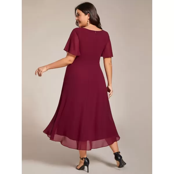 imageEverPretty Womens V Neck Pleated Plus Size Ruffle Sleeves Chiffon High Low Formal Wedding Guest Dresses 02084DAPHBurgundy