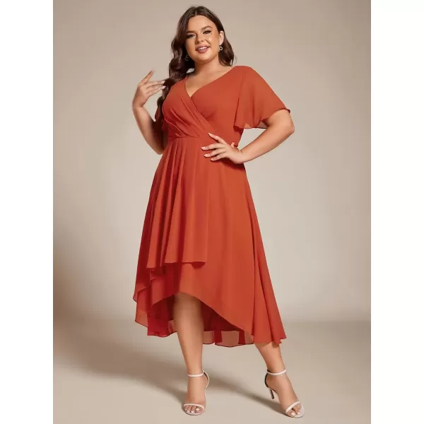 imageEverPretty Womens V Neck Pleated Plus Size Ruffle Sleeves Chiffon High Low Formal Wedding Guest Dresses 02084DAPHBurnt Orange