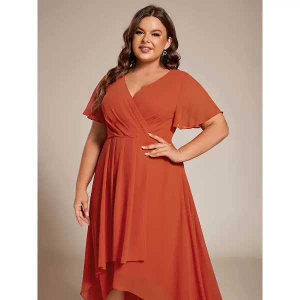 imageEverPretty Womens V Neck Pleated Plus Size Ruffle Sleeves Chiffon High Low Formal Wedding Guest Dresses 02084DAPHBurnt Orange