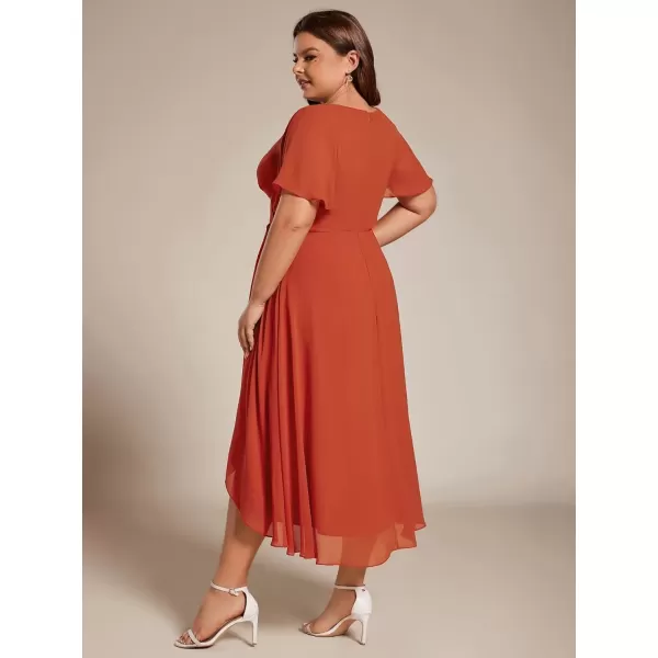 imageEverPretty Womens V Neck Pleated Plus Size Ruffle Sleeves Chiffon High Low Formal Wedding Guest Dresses 02084DAPHBurnt Orange