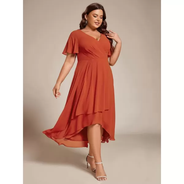 imageEverPretty Womens V Neck Pleated Plus Size Ruffle Sleeves Chiffon High Low Formal Wedding Guest Dresses 02084DAPHBurnt Orange