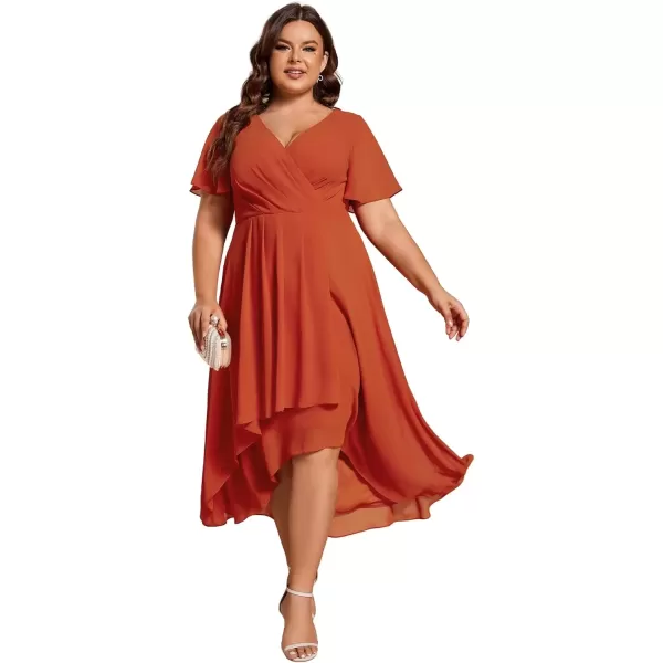 imageEverPretty Womens V Neck Pleated Plus Size Ruffle Sleeves Chiffon High Low Formal Wedding Guest Dresses 02084DAPHBurnt Orange