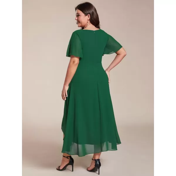 imageEverPretty Womens V Neck Pleated Plus Size Ruffle Sleeves Chiffon High Low Formal Wedding Guest Dresses 02084DAPHDark Green