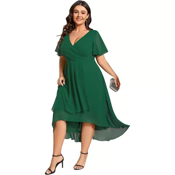 imageEverPretty Womens V Neck Pleated Plus Size Ruffle Sleeves Chiffon High Low Formal Wedding Guest Dresses 02084DAPHDark Green