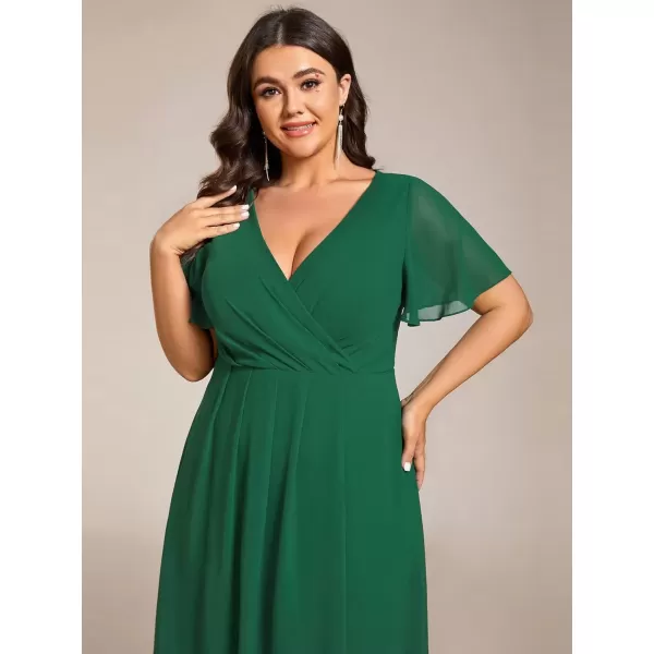 imageEverPretty Womens V Neck Pleated Plus Size Ruffle Sleeves Chiffon High Low Formal Wedding Guest Dresses 02084DAPHDark Green