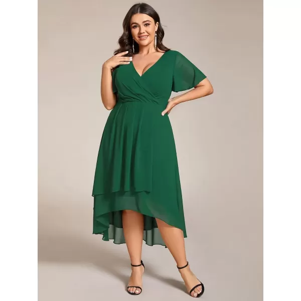 imageEverPretty Womens V Neck Pleated Plus Size Ruffle Sleeves Chiffon High Low Formal Wedding Guest Dresses 02084DAPHDark Green