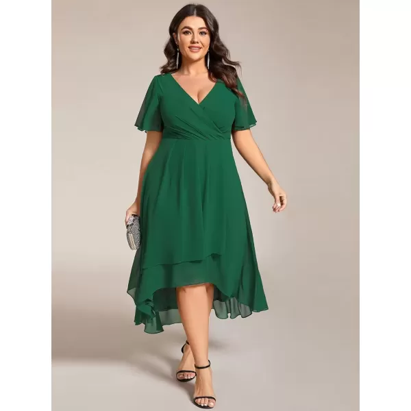 imageEverPretty Womens V Neck Pleated Plus Size Ruffle Sleeves Chiffon High Low Formal Wedding Guest Dresses 02084DAPHDark Green