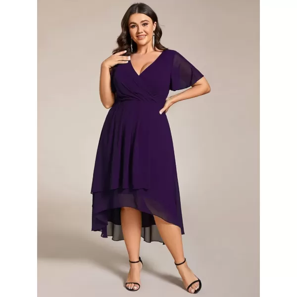 imageEverPretty Womens V Neck Pleated Plus Size Ruffle Sleeves Chiffon High Low Formal Wedding Guest Dresses 02084DAPHDeep Purple