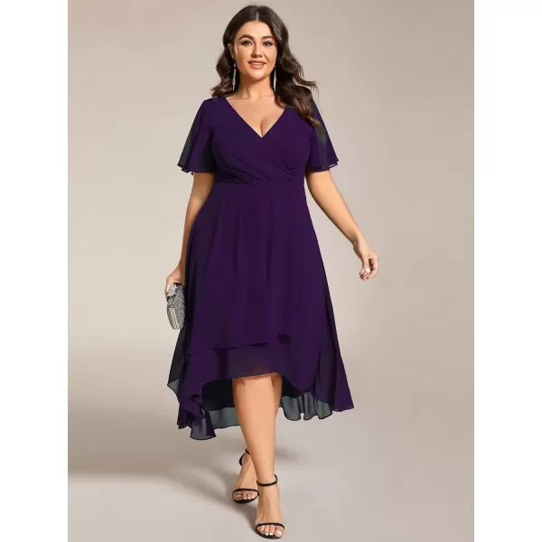 imageEverPretty Womens V Neck Pleated Plus Size Ruffle Sleeves Chiffon High Low Formal Wedding Guest Dresses 02084DAPHDeep Purple