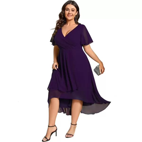 imageEverPretty Womens V Neck Pleated Plus Size Ruffle Sleeves Chiffon High Low Formal Wedding Guest Dresses 02084DAPHDeep Purple