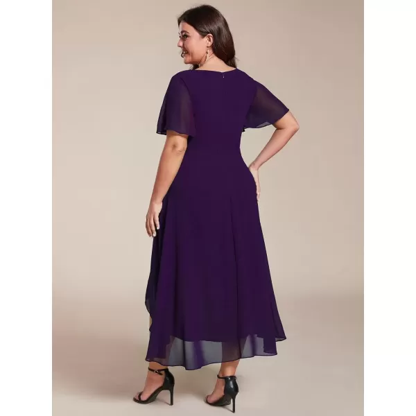 imageEverPretty Womens V Neck Pleated Plus Size Ruffle Sleeves Chiffon High Low Formal Wedding Guest Dresses 02084DAPHDeep Purple