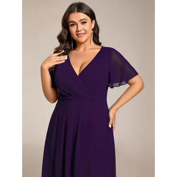 imageEverPretty Womens V Neck Pleated Plus Size Ruffle Sleeves Chiffon High Low Formal Wedding Guest Dresses 02084DAPHDeep Purple