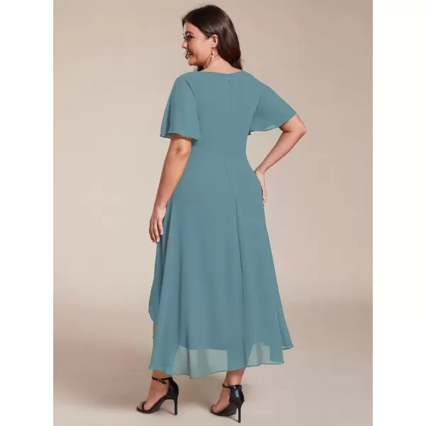 imageEverPretty Womens V Neck Pleated Plus Size Ruffle Sleeves Chiffon High Low Formal Wedding Guest Dresses 02084DAPHDusty Blue