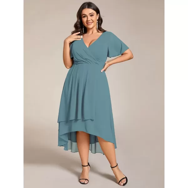 imageEverPretty Womens V Neck Pleated Plus Size Ruffle Sleeves Chiffon High Low Formal Wedding Guest Dresses 02084DAPHDusty Blue