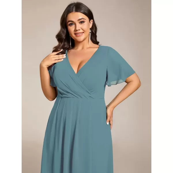 imageEverPretty Womens V Neck Pleated Plus Size Ruffle Sleeves Chiffon High Low Formal Wedding Guest Dresses 02084DAPHDusty Blue